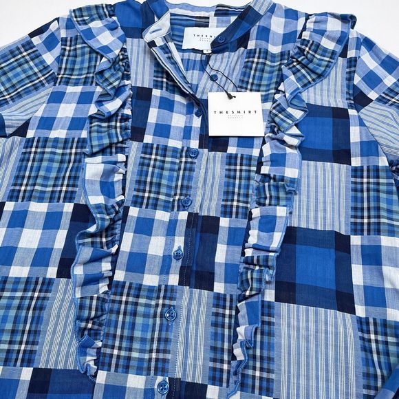 Rochelle Behrens The Shirt‎ Size Small Blue Plaid Button Front Patchwork Ruffle - Picture 3 of 12
